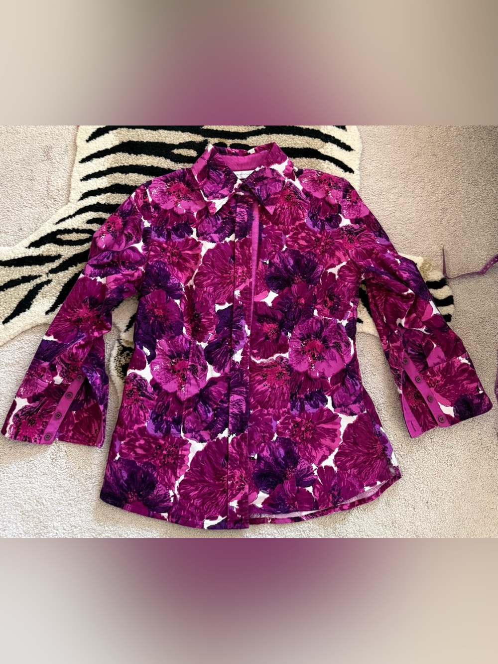 Dana Buchman Magenta Purple Floral Button Down Blouse Shirt Size 6